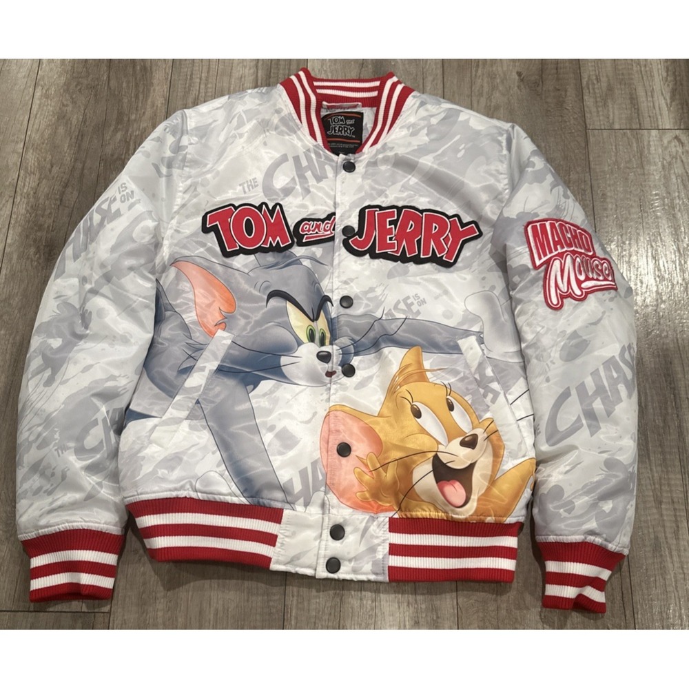 Tom And Jerry Men Size Medium Large Graphic Character Bomber Jacket Striped Trim
